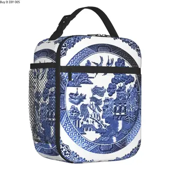 Изработена по поръчка чанта за обяд от порцелан Blue Уилоу, Дамски чанти-хладилник, Топло Синьо Delft Chinoiserie, изолиран обяд-бокс за детски училище