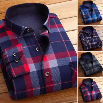 Мъжки клетчатая риза, Пролет-Есен, ежедневни риза с дълъг ръкав, Мек Удобен джоб с ревери, риза с копчета обичайното намаляване на