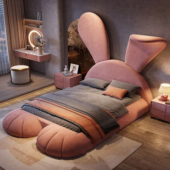 Лека Луксозна Розово легло Принцеса, Мультяшная Модерна Проста Легло, Художествена окото, Червен Легло от масивно дърво