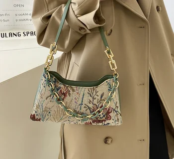 Ретро Снимка с маслени бои Подмышечная чанта От изкуствена Кожа, стеганая чанта с бродирани Цветя, чанта през рамо, цветни чанти на веригата, чанта с цип