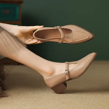 Дамски обувки на среден ток Phoentin от естествена кожа Т-образно каишка, дамски обувки-лодка с остри пръсти, елегантни дамски обувки FT2712