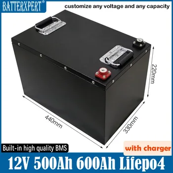 Стоманен Корпус 12V 500Ah 600Ah Lifepo4 Литиева батерия с Голям Капацитет, с BMS за Съхранение на Слънчевата енергия в Домовете на колела + Зарядно устройство 20A