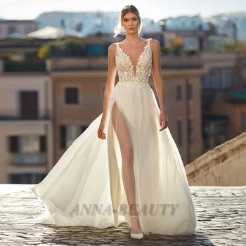 Сватбени рокли Anna Modern Трапецовидна форма за булката 2023, Шифон, Дълбоко V-образно деколте, висока разрез от двете страни, апликации, дължина без ръкави, до пода