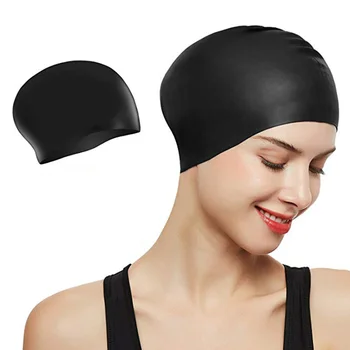 1 бр. Силиконова практичен водоустойчив шапка за басейна, Дълга коса, защита на ушите, шапки за плуване за жени, Женски (черно)