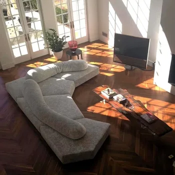 Скандинавски диван от масивна тъкани с голям плосък слой, дизайнерски диван от кадифе агне комбинирана форма