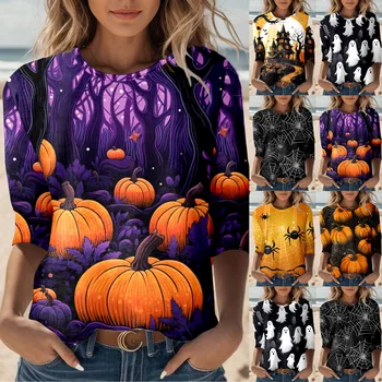 Дамски блузи за парти в чест на Хелоуин, дамска Есенно-зимна ежедневна мода, кръгъл отвор, Забавен принт, Три Блузи Mujer De Moda