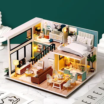 Набор от куклени къщи за луксозни мезонети от дърво, Миниатюрен, с обзавеждане, Модерен таванско помещение, Casa, Вила 