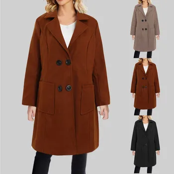 Дамски твидовая базова яке, зимно Полушерстяное палто със средна дължина, Двубортная сако с ревери и ключалката, дамски якета големи размери
