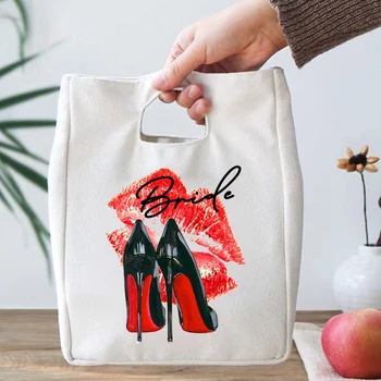 Дамски чанти за обяд, обувки с червени устни, чанти-тоут в стил Харадзюку С принтом, Изолирани Преносими чанти за храни, Модерна чанта за булката, Пътни чанти за обяд за пикник