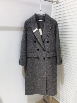 Есенно-зимния ново двубортное свободно палто в звездно-сив цвят с двоен джоб, дизайн на задната въртящи вилици