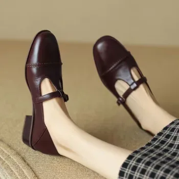 Нови Дамски обувки-Oxfords в Ретро стил На нисък ток С Т-образно каишка, Дамски Черни Кожени Обувки с катарама За Момичета, Zapatos Mujer 1547C