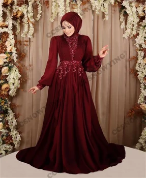 Елегантни Апликация От мъниста Мюсюлмански вечерни рокли С дълъг ръкав Ислямски вечерни рокли с високо воротом Женски Арабски Халати De Soirée