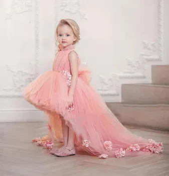 Сладка Розова рокля с цветя модел за момичета, Високо-Ниско тюлевое рокля, Директна доставка, детско Празнично рокля за Първо Причастие, Женствена Рокля Малка Шаферка