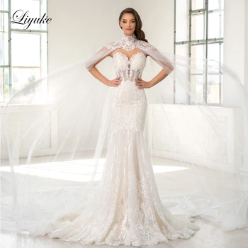 Liyuke Красива сватбената рокля на Русалка с открити рамене, дантелени сватбени рокли С подвижни нос