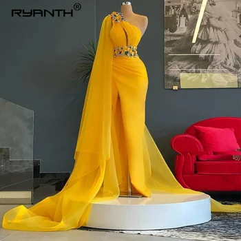Висококачествена Жълта рокля за абитуриентски бал С аппликацией на едно рамо, тюл с цепка, Големи Размери, Секси Дълга вечерна рокля, вечерни елегантни рокли